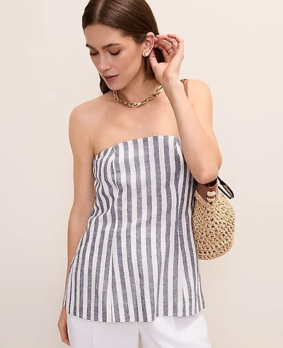 Ann Taylor Striped Strapless Top Linen Blend Subdued Navy Women's