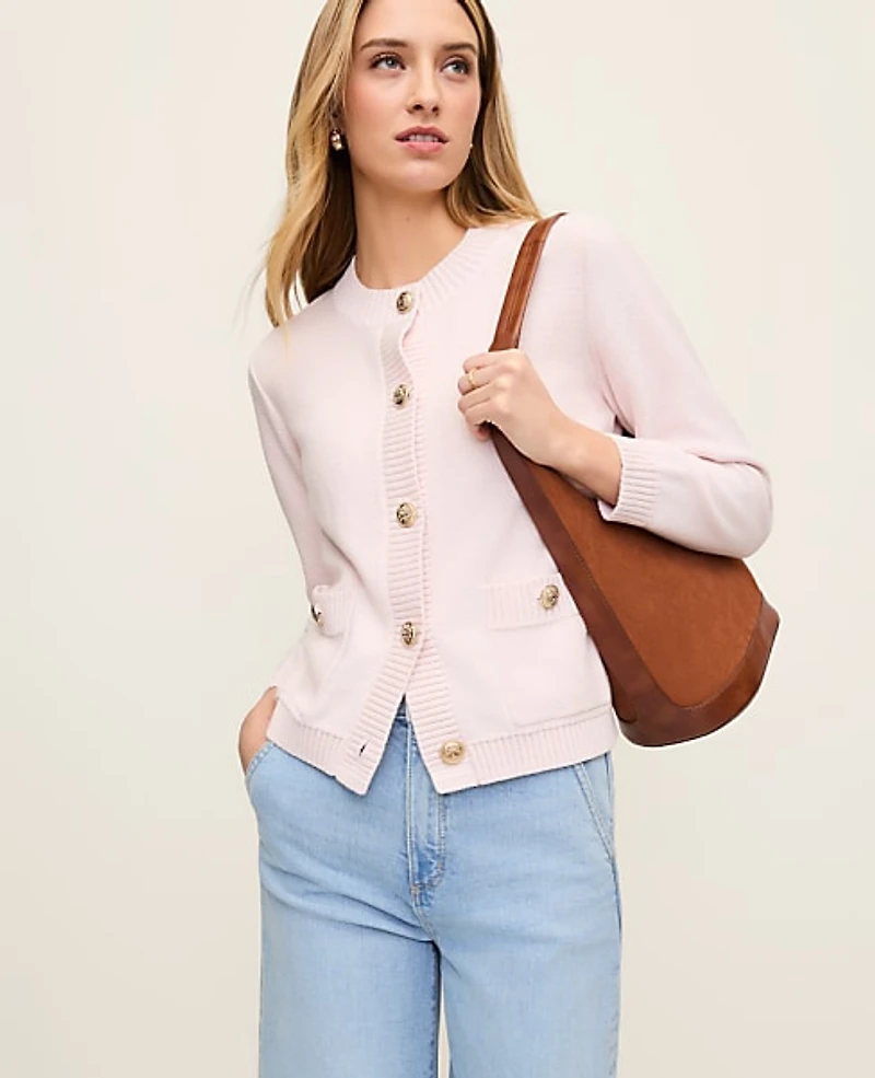 Ann Taylor Crew Neck Cardigan Blush Haze Women's