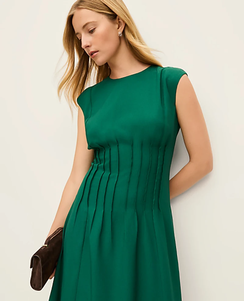 Ann Taylor Pintuck Flare Midi Dress Shade Tree Women's