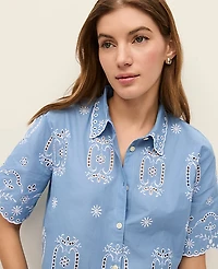 Ann Taylor Weekend Eyelet Blouse Blue/White Combo Women's