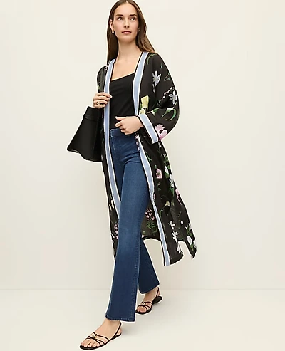 Ann Taylor Floral Long Kimono Size XS/S Black Women's