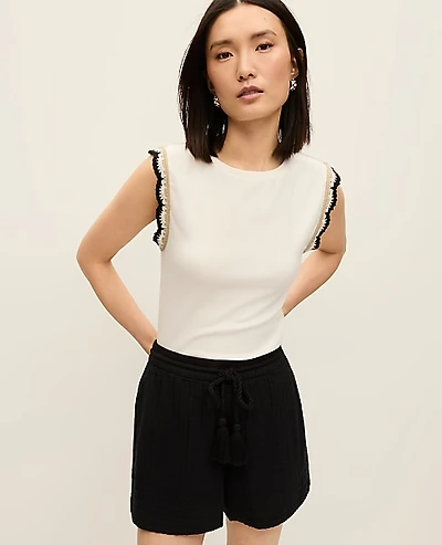 Ann Taylor Crochet Trim Crew Neck Top Size 2XL Winter White Women's