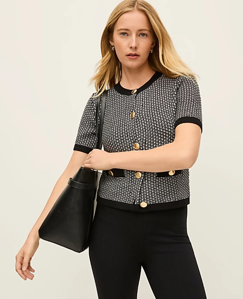 Ann Taylor Geo Stitch Cardigan Black/White Multi Women's