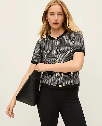 Ann Taylor Geo Stitch Cardigan Black/White Multi Women's