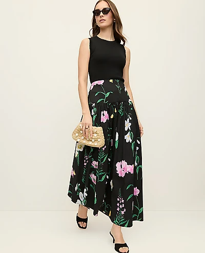 Ann Taylor Floral Gathered Maxi Skirt Size 2 Black Women's