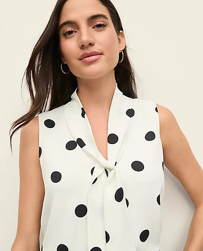 Ann Taylor Dotted Bow Neck Shell Top Size XS Winter White Women's