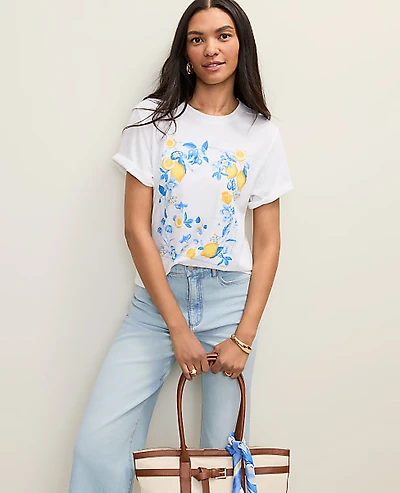 Ann Taylor Petite Weekend Floral Graphic T-Shirt Size 2XS Wave Pool Women's