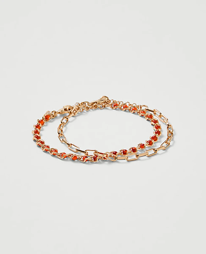 Ann Taylor Chain Link and Beaded Bracelet Set Goldtone Women's
