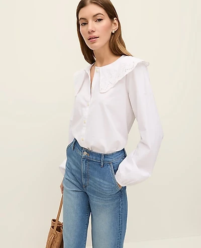 Ann Taylor Weekend Eyelet Collared Blouse Size Medium White Women's