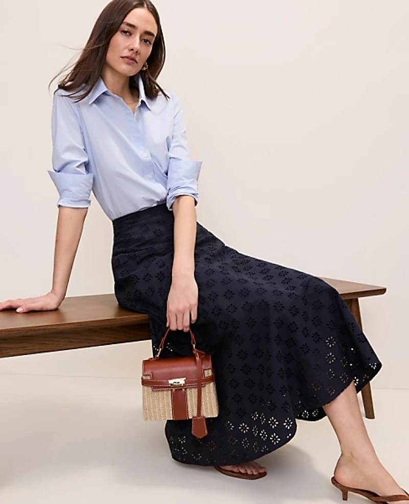 Ann Taylor Petite Eyelet Full Midi Skirt Night Sky Women's