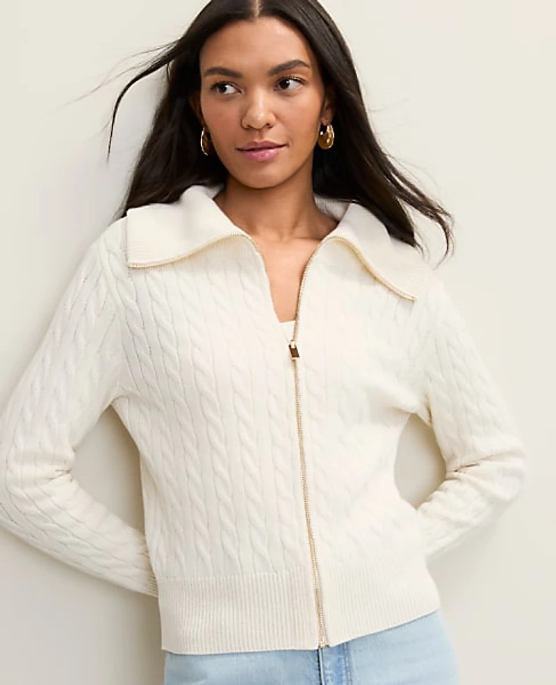 Ann Taylor Petite Weekend Cable Sweater Jacket Winter White Women's