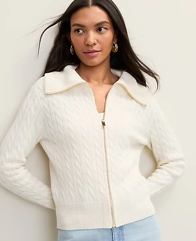 Ann Taylor Petite Weekend Cable Sweater Jacket Winter White Women's