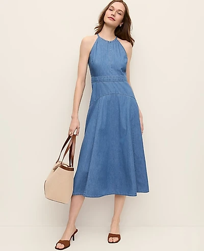 Ann Taylor Halter Flare Midi Dress Chambray Light Indigo Wash Women's