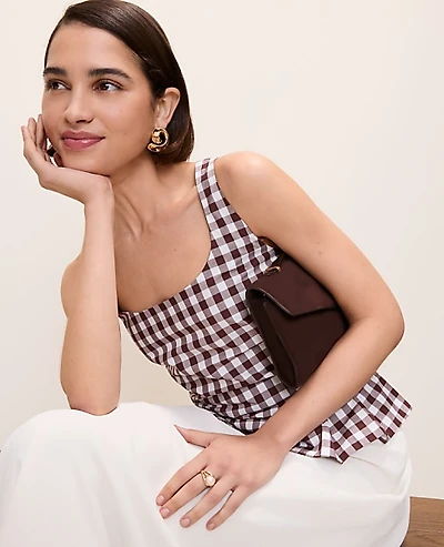 Ann Taylor Peplum Tank Top Gingham Rich Walnut Women's