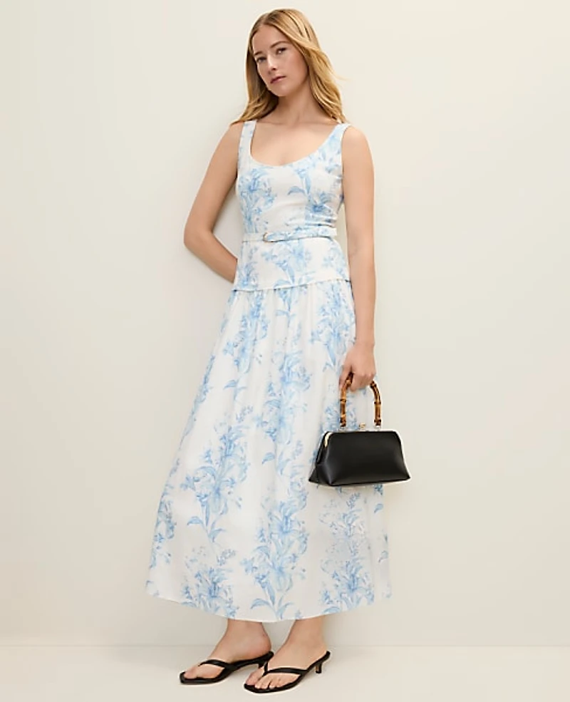 Ann Taylor Petite Floral Belted Flare Midi Dress White-Blue Women's