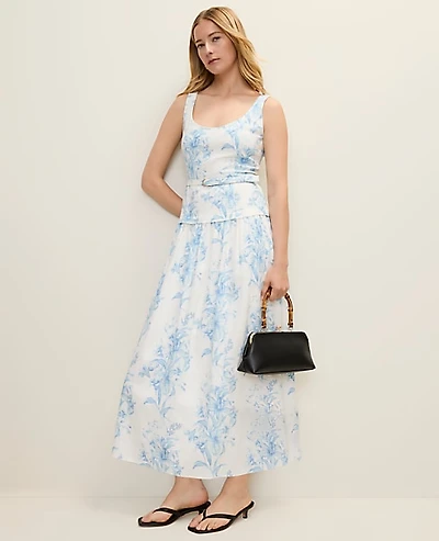 Ann Taylor Petite Floral Belted Flare Midi Dress White-Blue Women's