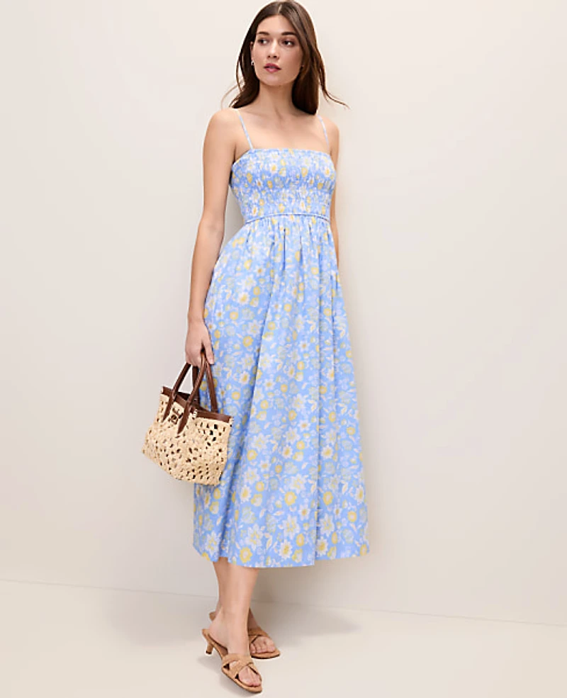 Ann Taylor Petite Weekend Floral Smocked Midi Dress Vista Blue Women's