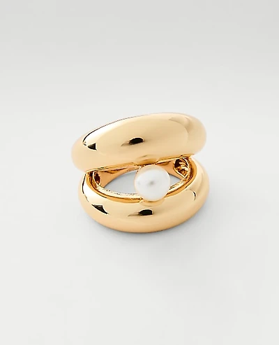 Ann Taylor Pearl Double Metal Ring Goldtone Women's