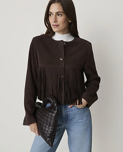 Ann Taylor Studio Collection Suede Fringe Jacket Pure Chocolate Women's