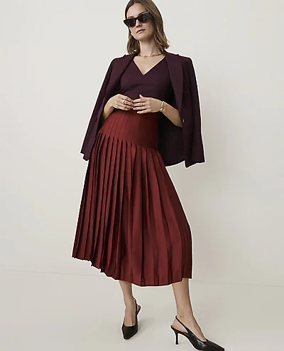 Ann Taylor Satin Pleated Midi Skirt Rich Merlot Women's
