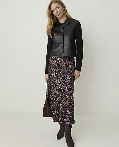 Ann Taylor Paisley Midi Slip Skirt Satin Black Women's