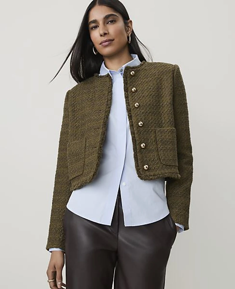 Ann Taylor Cropped Crew Neck Jacket Tweed Olive Sprig Women's