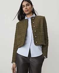 Ann Taylor Cropped Crew Neck Jacket Tweed Olive Sprig Women's
