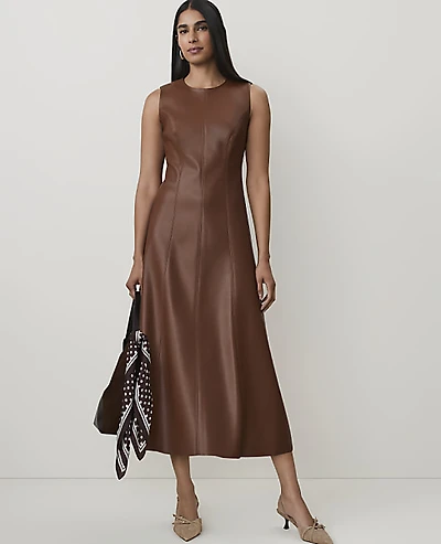 Ann Taylor Faux Leather Flare Midi Dress Midnight Mahogany Women's