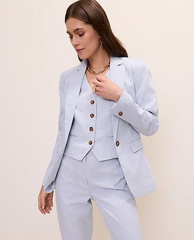 Ann Taylor The Petite Long One Button Blazer Seersucker Ocean Oasis Stripe Women's