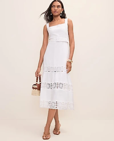 Ann Taylor Tiered Midi Dress Linen Blend White Women's