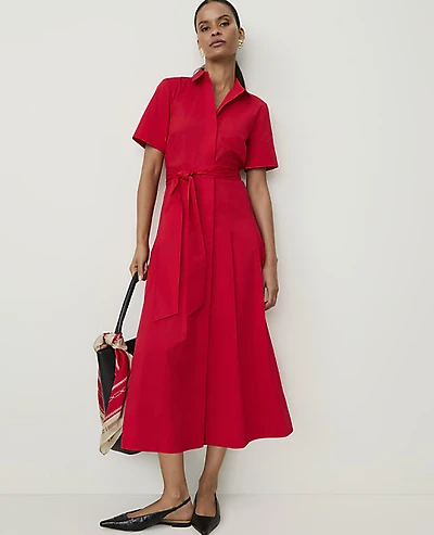 Ann Taylor Collared Flare Midi Shirtdress Bright Poppy Women's