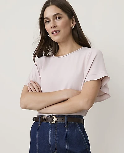 Ann Taylor Lace Trimmed Flutter Sleeve Top Women's