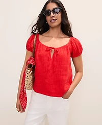 Ann Taylor Gathered Tie Neck Top Bright Cherry Women's