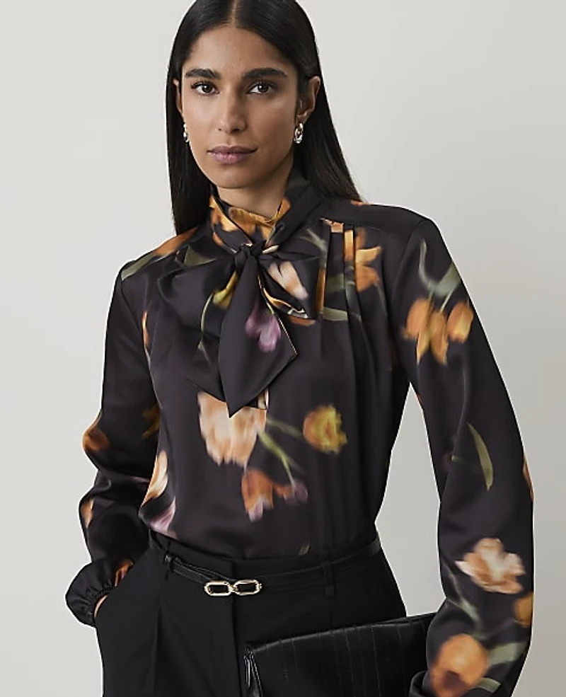Ann Taylor Floral Bow Blouse Black - Yellow Women's
