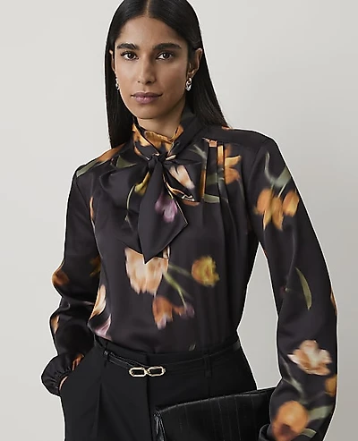 Ann Taylor Floral Bow Blouse Black - Yellow Women's