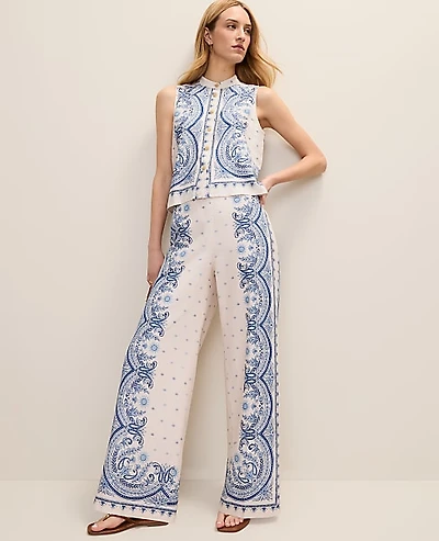 Ann Taylor Petite Weekend Easy Wide-Leg Pant Paisley Linen Blend Ivory Whisper Women's