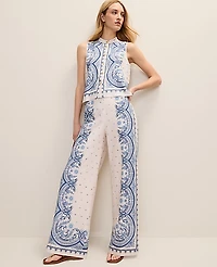 Ann Taylor Petite Weekend Easy Wide-Leg Pant Paisley Linen Blend Ivory Whisper Women's