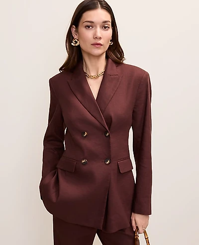 Ann Taylor The Petite Fitted Long Double Breasted Blazer Linen Blend Rich Walnut Women's