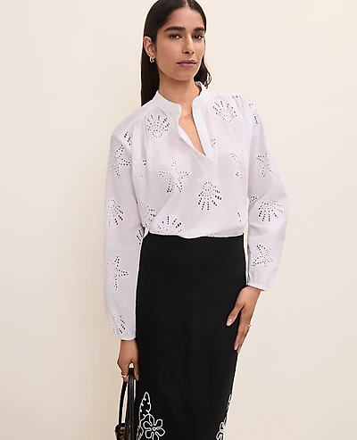 Ann Taylor Eyelet V-Neck Popover Top White 9000 Women's