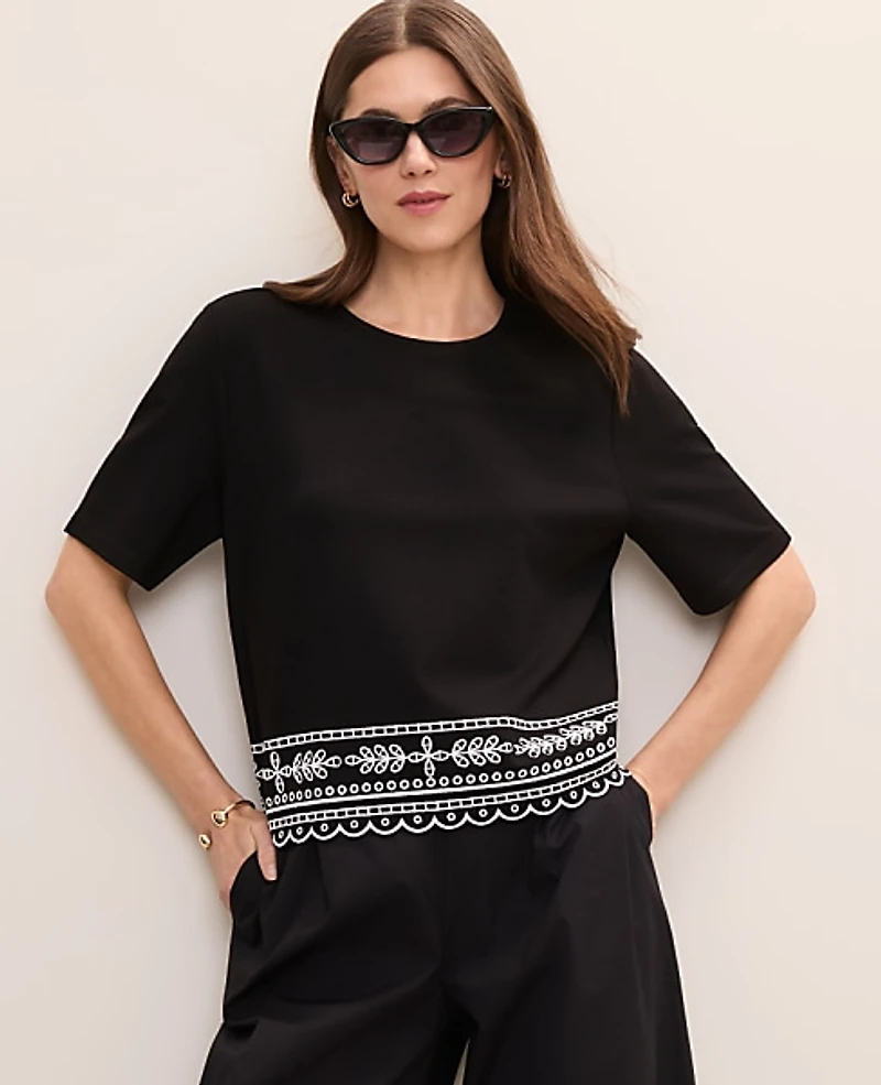 Ann Taylor Embroidered Crew Neck Top Women's