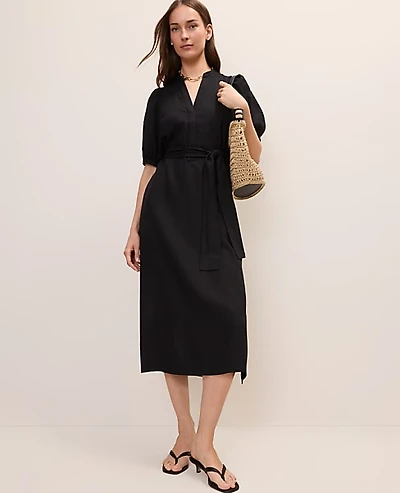 Ann Taylor Puff Sleeve Midi Dress Linen Blend Black Women's