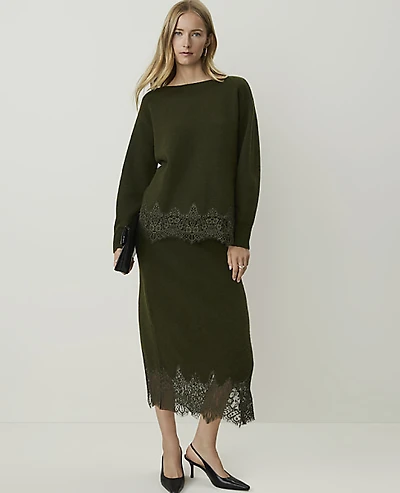 Ann Taylor Lace Trim Midi Skirt Caper Shadow Women's
