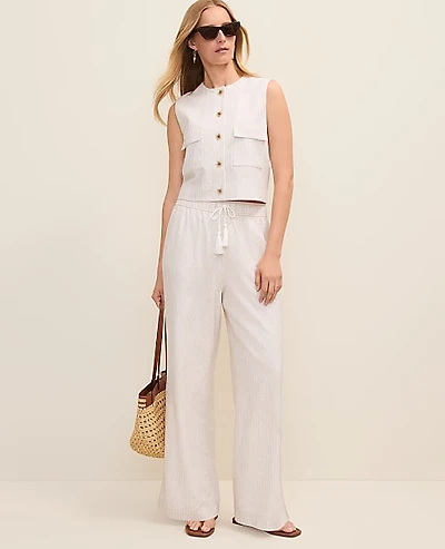 Ann Taylor Petite Weekend Striped Easy Fit Wide-Leg Pant Linen Blend Sail Cloth Women's