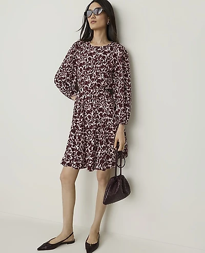 Ann Taylor Floral Belted Flare Dress Berry Mousse Women's