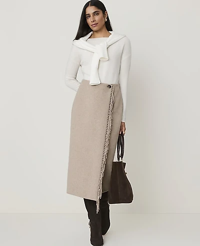 Ann Taylor Fringe Wrap Midi Skirt Soft Mink Melange Women's