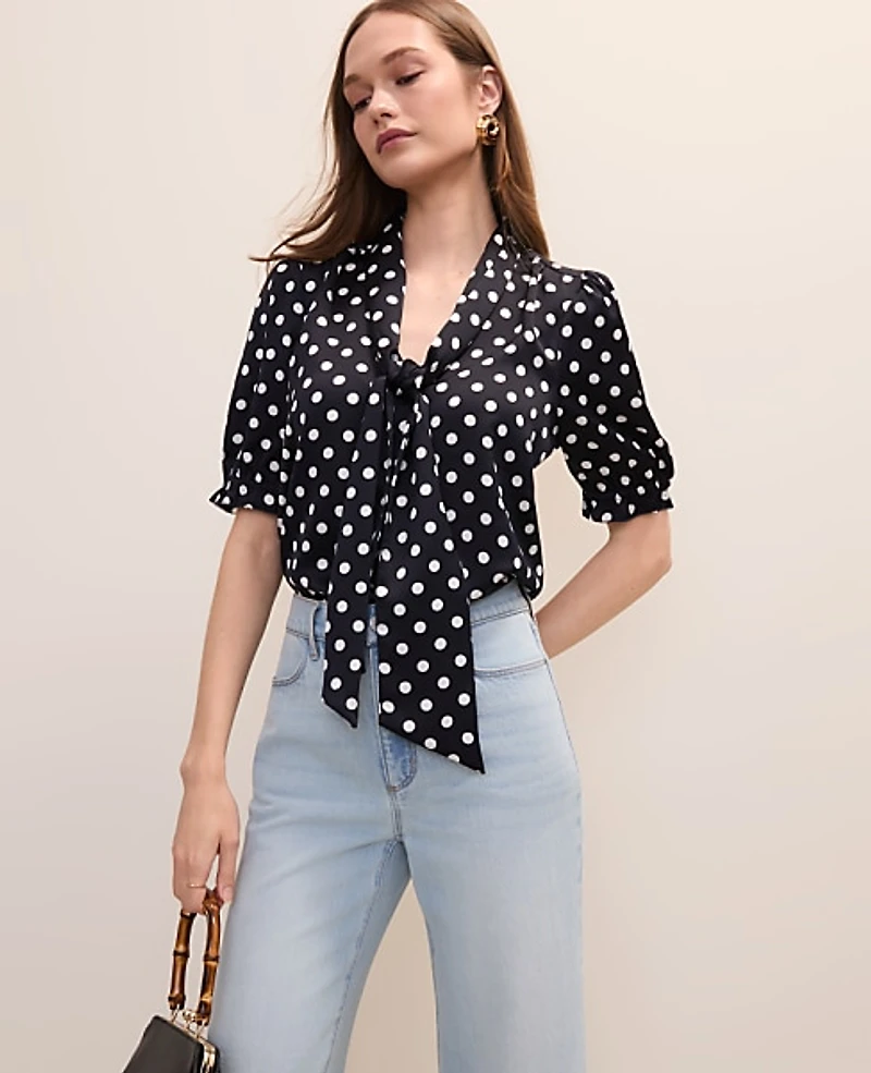 Ann Taylor Polka Dot Bow Blouse Satin Night Sky Women's