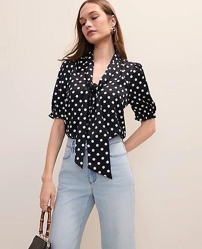 Ann Taylor Polka Dot Bow Blouse Satin Night Sky Women's