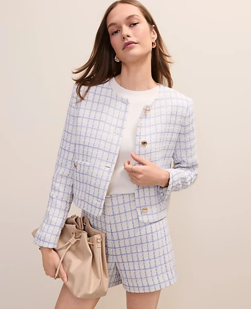 Ann Taylor Patch Pocket Jacket Tweed Neutral/Blue Combo Women's