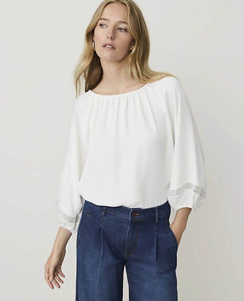 Ann Taylor Lace Trim Sleeve Blouse Winter White Women's