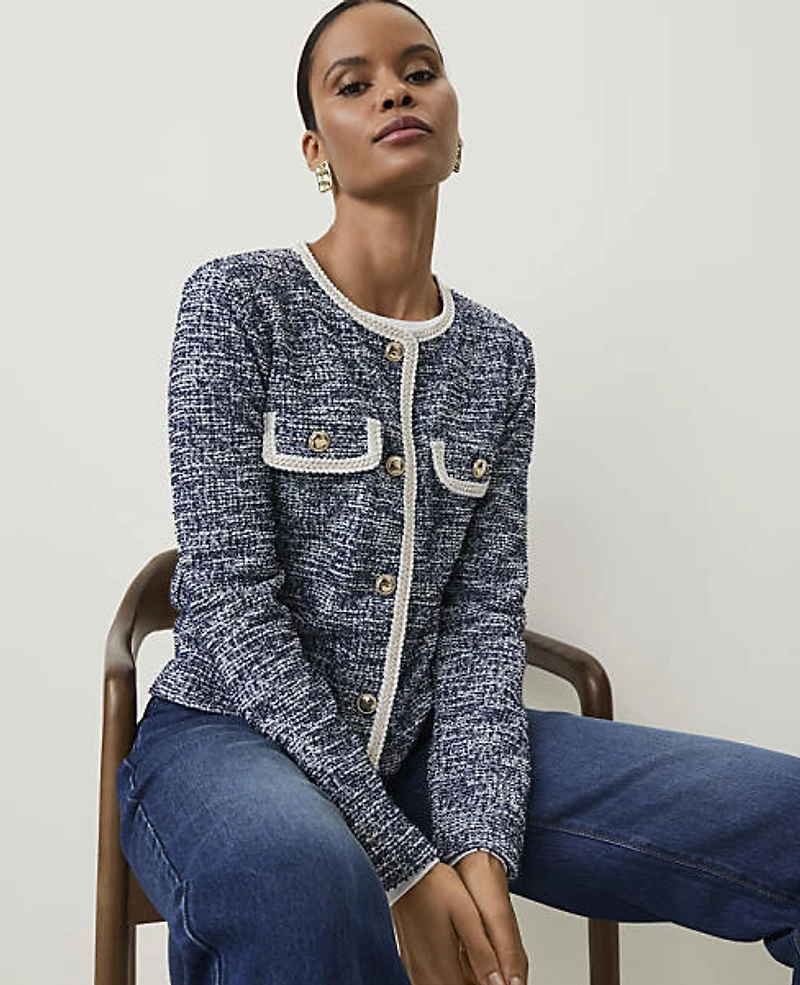 Ann Taylor Crew Neck Jacket Tweed Ocean Women's